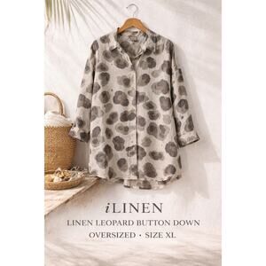 iLinen Linen Button Up Blouse Leopard Print Oversized XL Neutral Poland